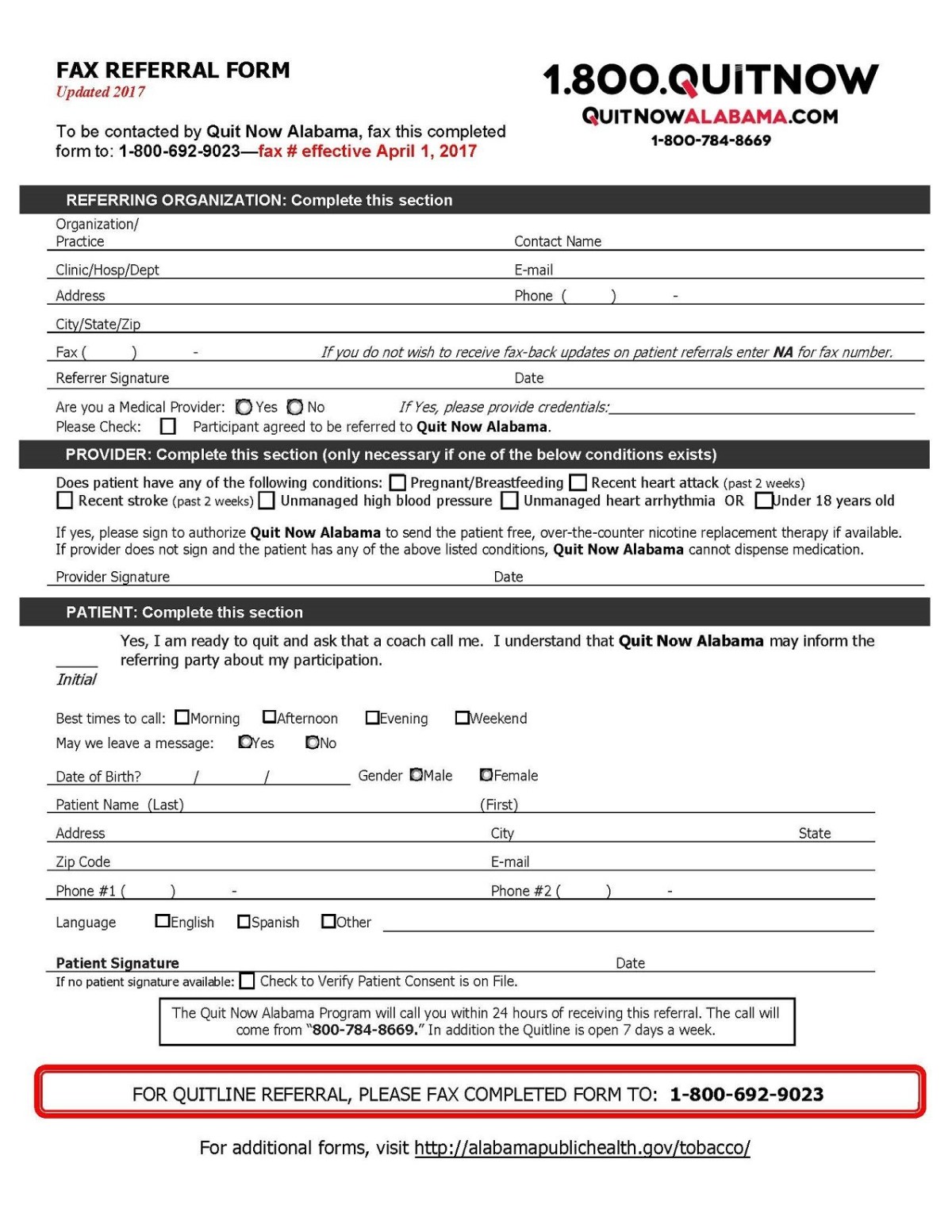 Alabama Tobacco Quitline Fax Referral Form