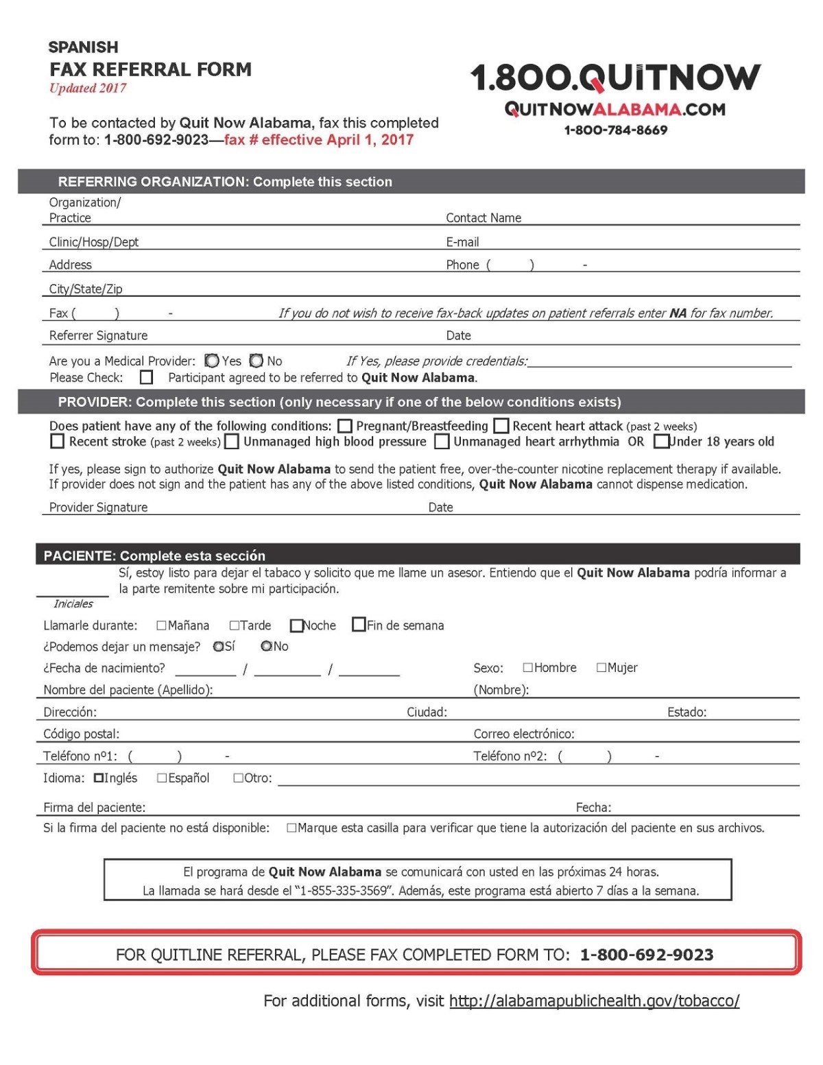 Alabama Tobacco Quitline Fax Referral Form - Spanish