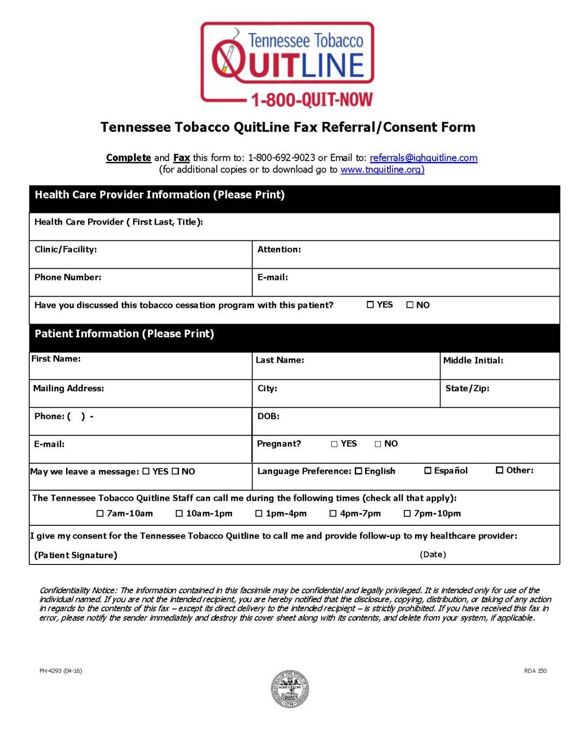Tennessee Tobacco Quitline Fax Referral Form