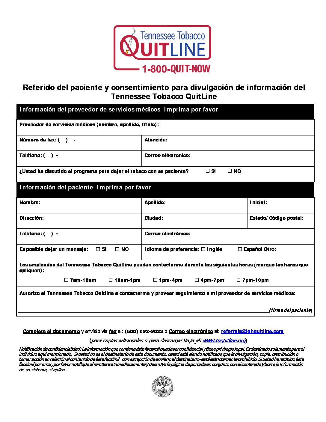 Tennessee Tobacco Quitline Fax Referral Form - Spanish